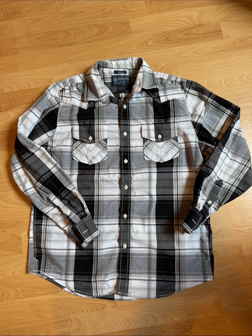 American Rag Gray and Black Plaid Button-Down Shirt